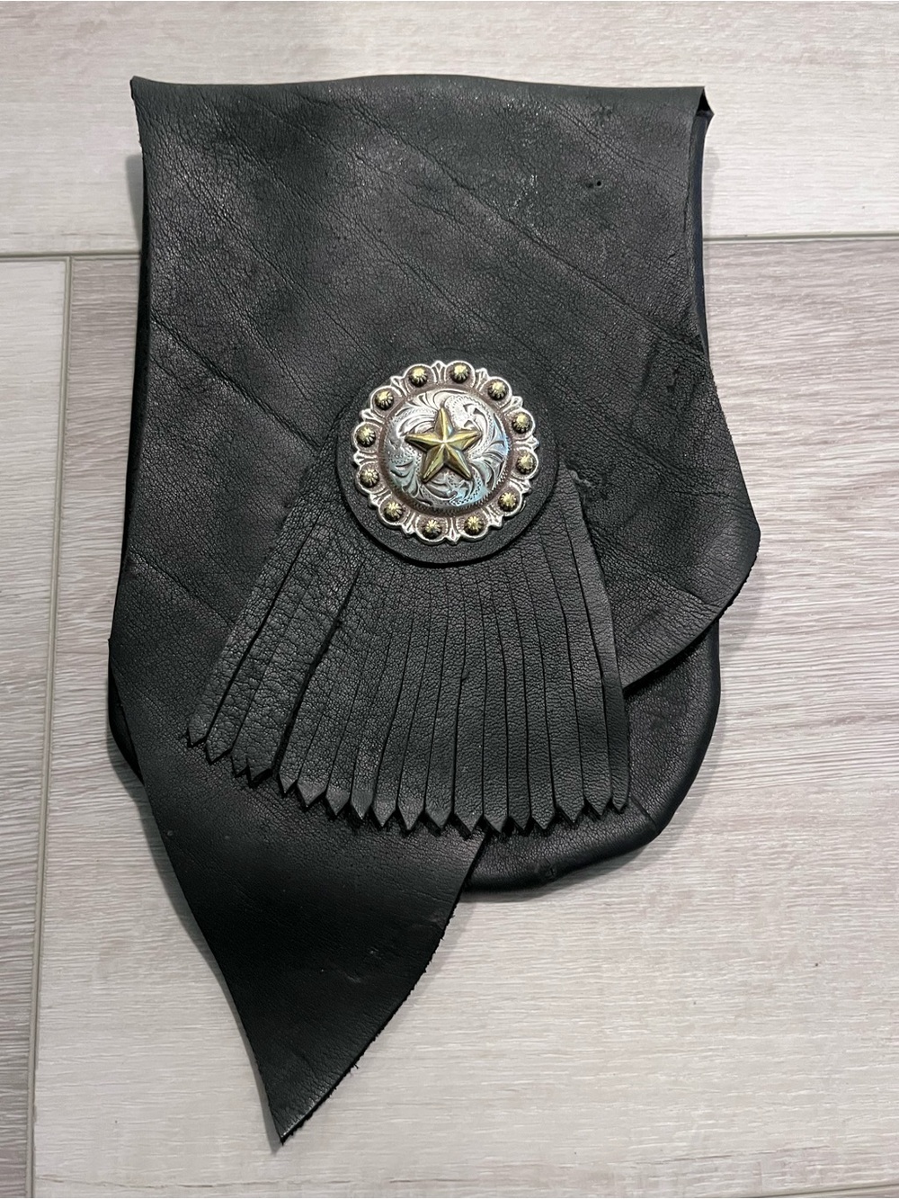 Black Leather Fringe Crossbody Bag with Star Concho